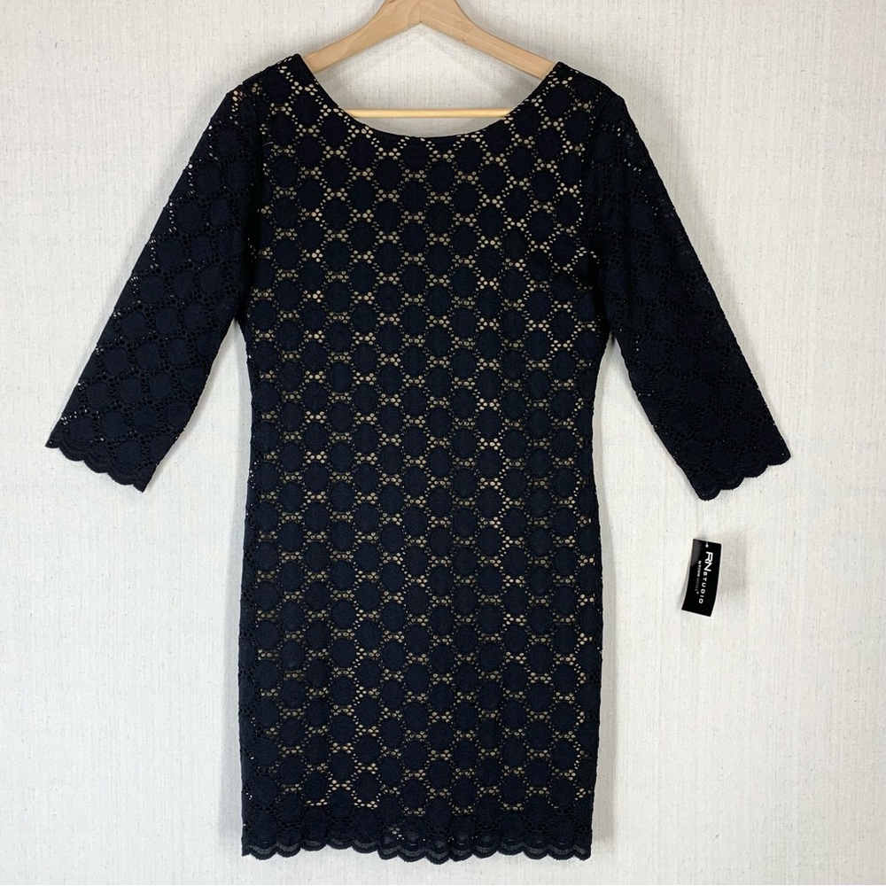 RN Studio~NWT~Black Eyelet Lace Scoop Neck 3/4 Sleeve Knee Length Dress~Sz 8P‎